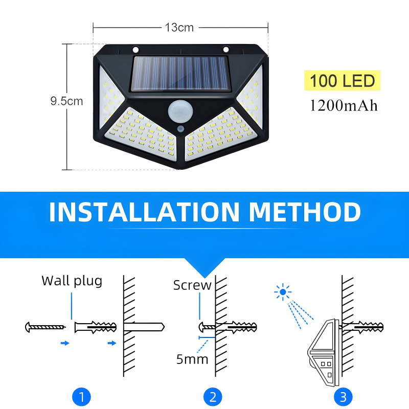 100 LEDs Rechargeable Motion Sensor Solar Interaction Waterproof Wall Lamp - Image 15