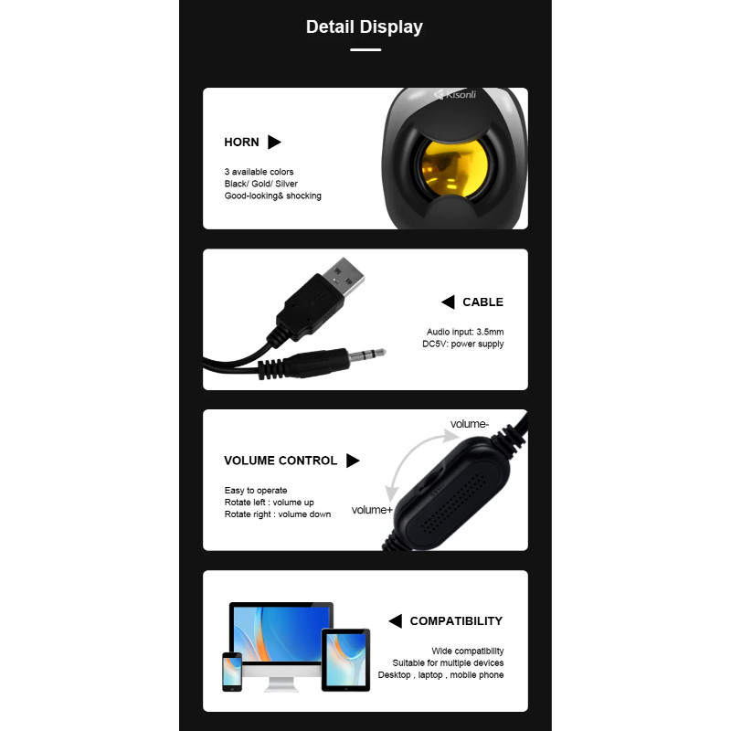 Kisonli A-202 Compact Stereo USB 2.0 PC Speakers with Deep Bass and AUX Input - Image 4