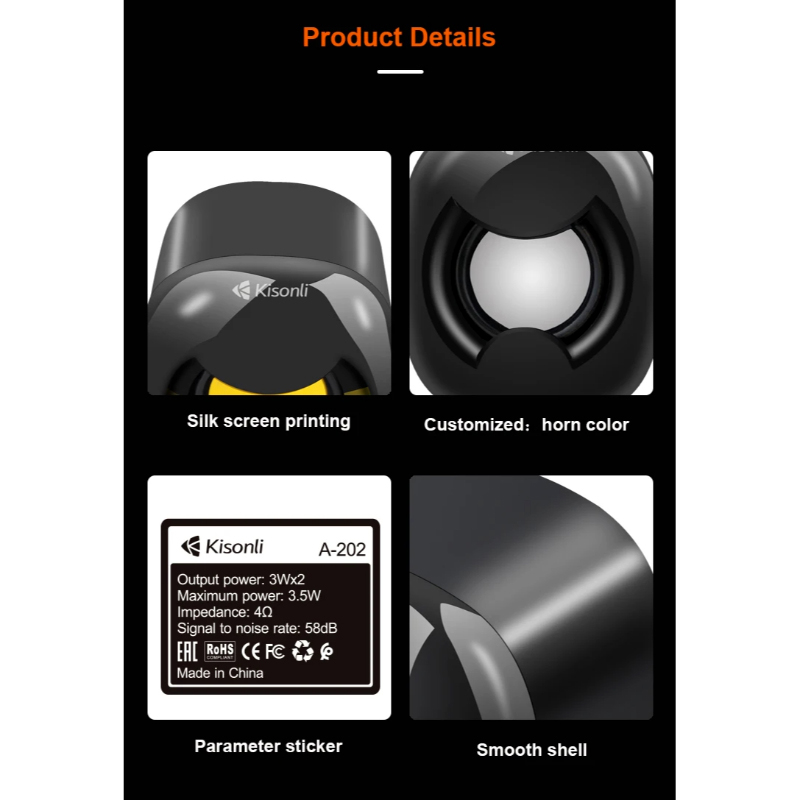 Kisonli A-202 Compact Stereo USB 2.0 PC Speakers with Deep Bass and AUX Input - Image 5