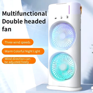 3-in-1 Multifunctional Rechargeable Spray Cooling Fan with Dual Head, 3 Wind Speeds, 90° Rotation and RGB LED Lights