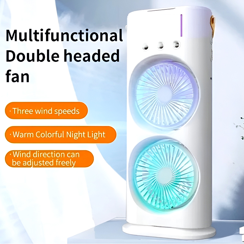 3-in-1 Multifunctional Rechargeable Spray Cooling Fan with Dual Head, 3 Wind Speeds, 90° Rotation and RGB LED Lights
