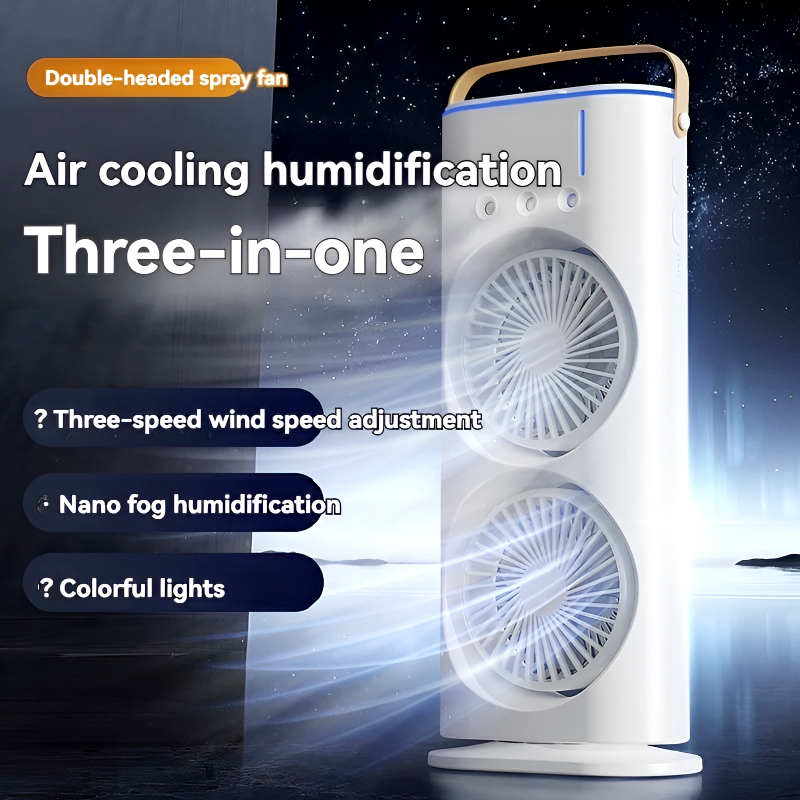 3-in-1 Multifunctional Rechargeable Spray Cooling Fan with Dual Head, 3 Wind Speeds, 90° Rotation and RGB LED Lights - Image 20