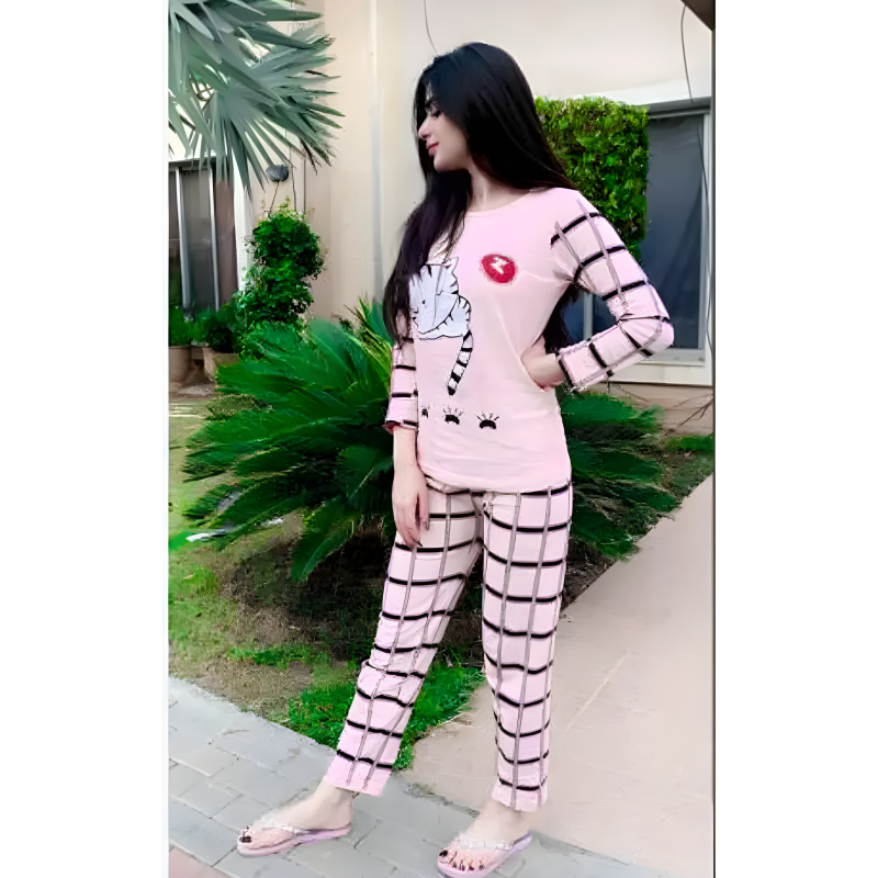 Stylish Sleeping Cat Printed Full Sleeves Night Suit For Ladies - Image 6