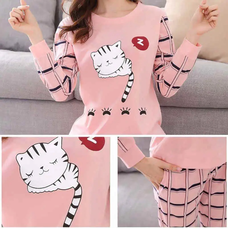 Stylish Sleeping Cat Printed Full Sleeves Night Suit For Ladies - Image 9