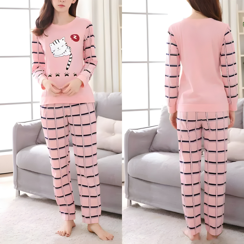 Stylish Sleeping Cat Printed Full Sleeves Night Suit For Ladies - Image 7