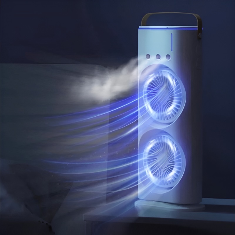 3-in-1 Multifunctional Rechargeable Spray Cooling Fan with Dual Head, 3 Wind Speeds, 90° Rotation and RGB LED Lights - Image 19