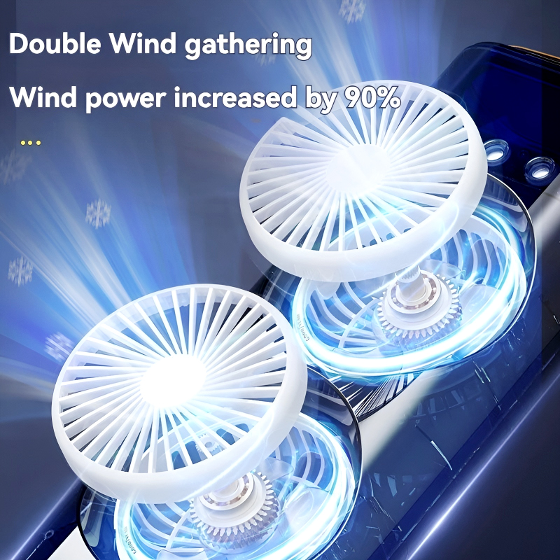 3-in-1 Multifunctional Rechargeable Spray Cooling Fan with Dual Head, 3 Wind Speeds, 90° Rotation and RGB LED Lights - Image 16