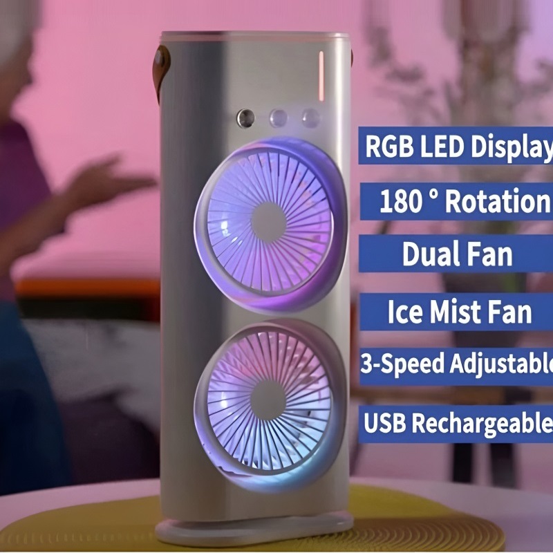 3-in-1 Multifunctional Rechargeable Spray Cooling Fan with Dual Head, 3 Wind Speeds, 90° Rotation and RGB LED Lights - Image 18
