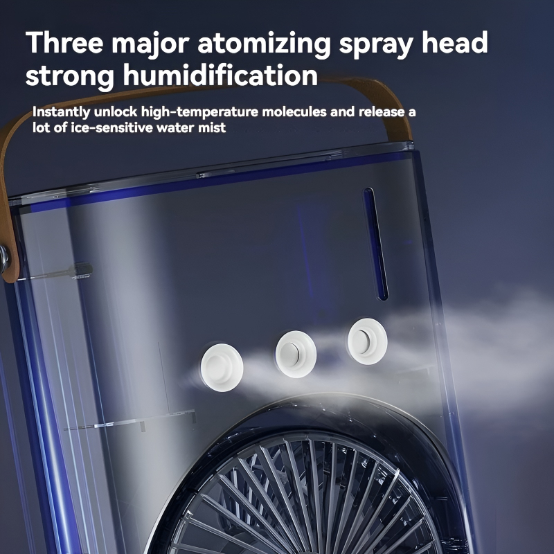 3-in-1 Multifunctional Rechargeable Spray Cooling Fan with Dual Head, 3 Wind Speeds, 90° Rotation and RGB LED Lights - Image 17