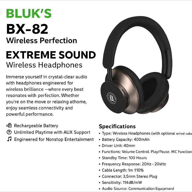 BLUK’S BX-82 Wireless Headphones–Extreme Sound Quality, Stylish Design & Endless Entertainment - Image 5