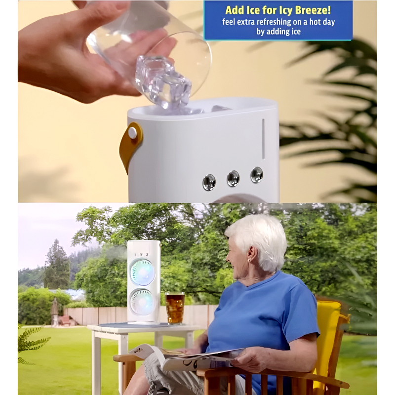 3-in-1 Multifunctional Rechargeable Spray Cooling Fan with Dual Head, 3 Wind Speeds, 90° Rotation and RGB LED Lights - Image 7