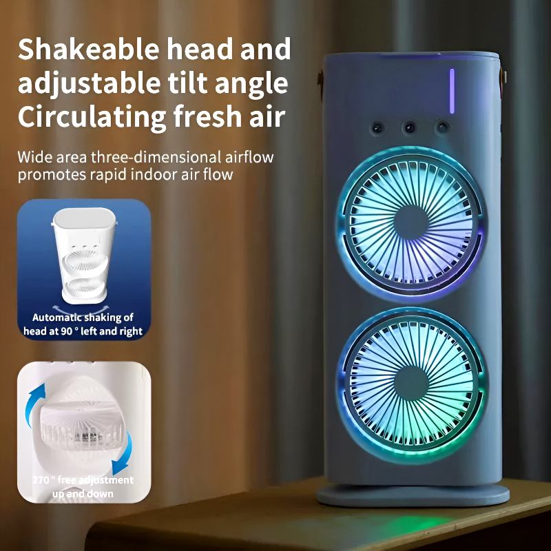 3-in-1 Multifunctional Rechargeable Spray Cooling Fan with Dual Head, 3 Wind Speeds, 90° Rotation and RGB LED Lights - Image 6