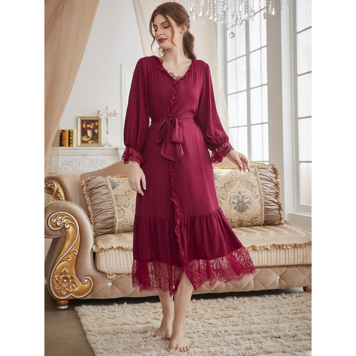 Elegant Soft and breathable Eyelash Lace Flounce Sleeve Ruffle Hem Belted Lounge Robe - Image 6