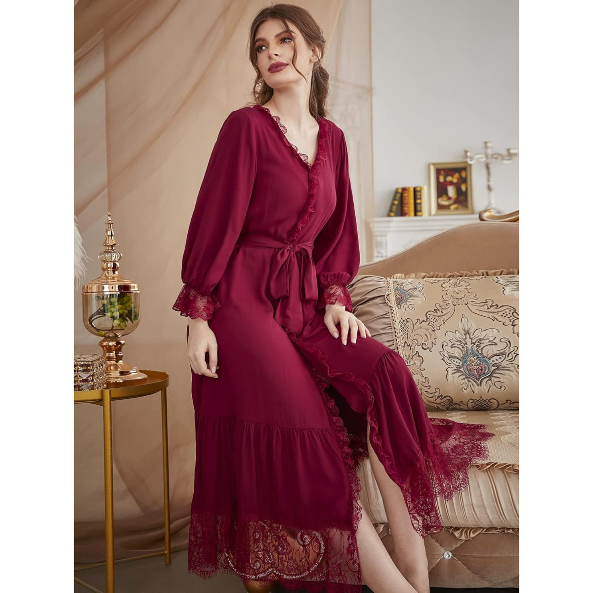 Elegant Soft and breathable Eyelash Lace Flounce Sleeve Ruffle Hem Belted Lounge Robe - Image 5