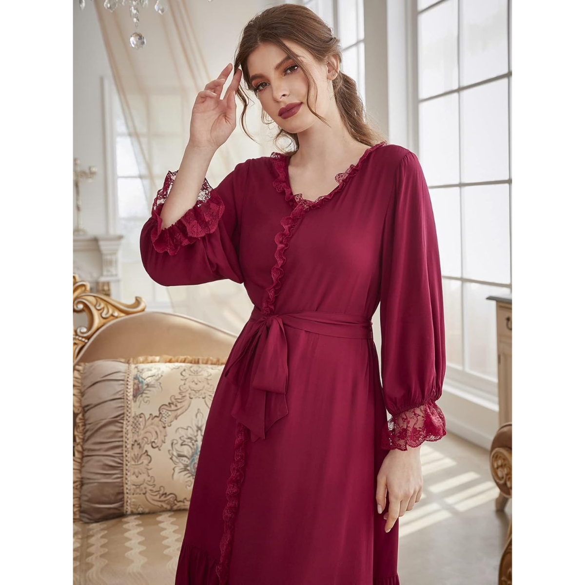 Elegant Soft and breathable Eyelash Lace Flounce Sleeve Ruffle Hem Belted Lounge Robe - Image 2