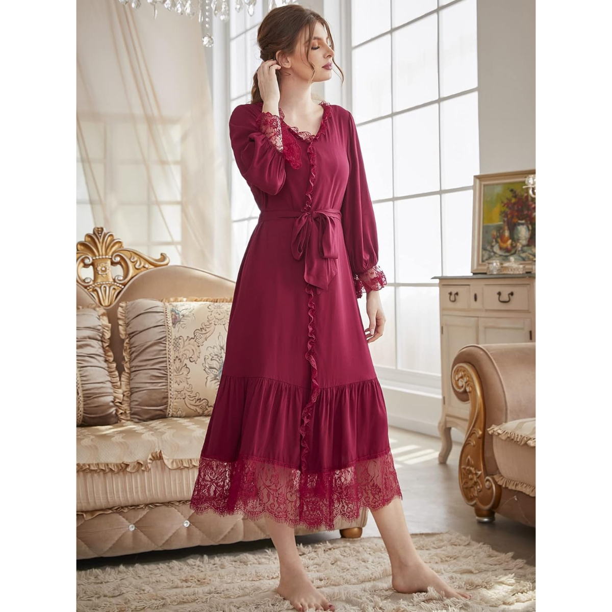 Elegant Soft and breathable Eyelash Lace Flounce Sleeve Ruffle Hem Belted Lounge Robe - Image 3