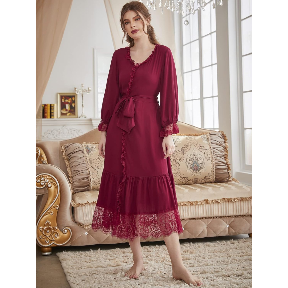 Elegant Soft and breathable Eyelash Lace Flounce Sleeve Ruffle Hem Belted Lounge Robe