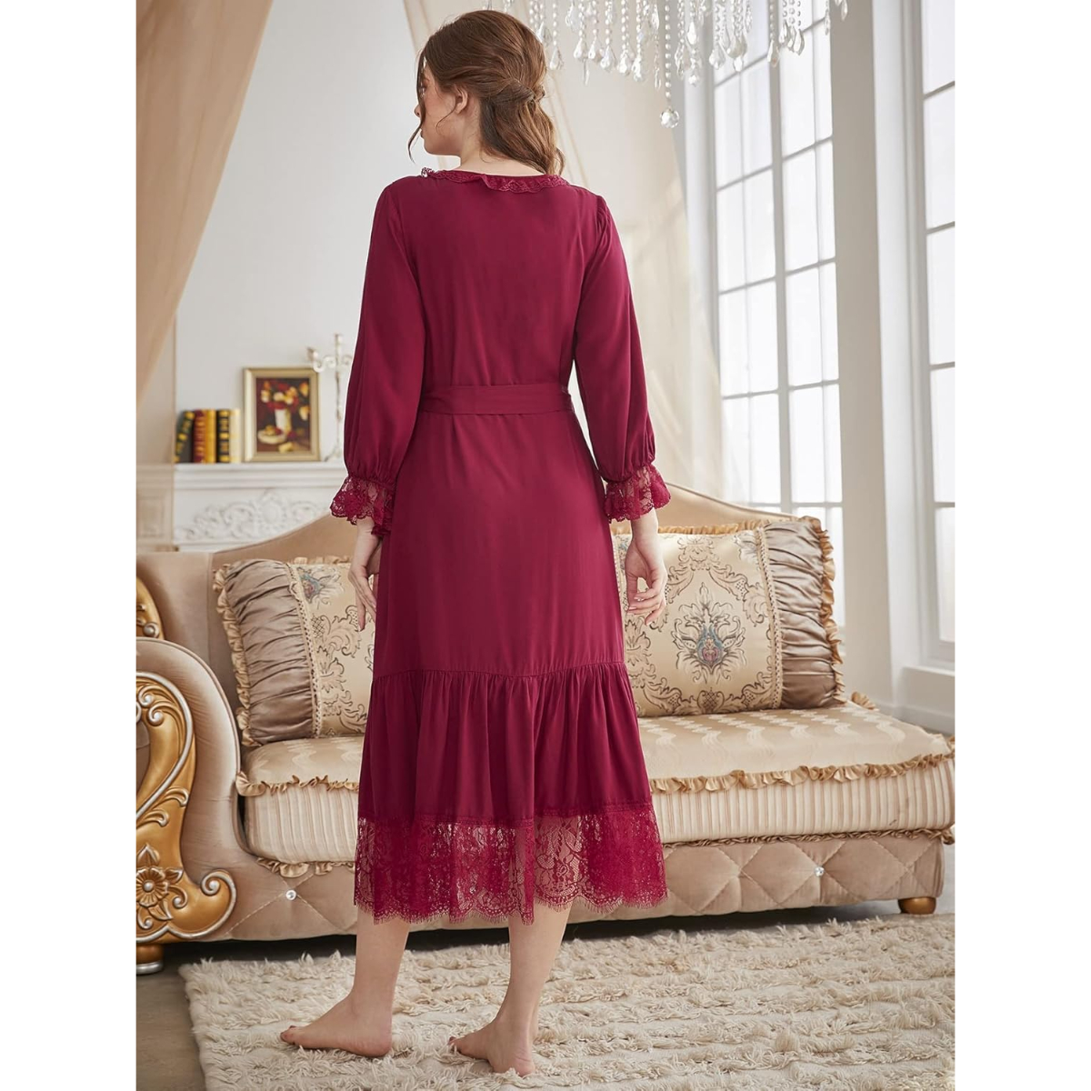 Elegant Soft and breathable Eyelash Lace Flounce Sleeve Ruffle Hem Belted Lounge Robe - Image 4