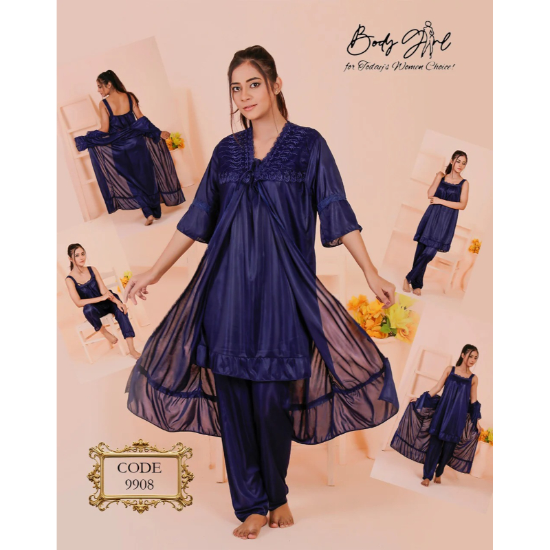 Elegant Silk & Lace Breathable 3-Piece Long Gown Nightwear Set Women - Image 4