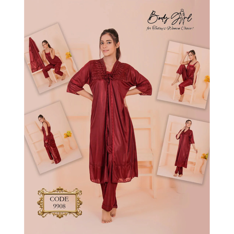 Elegant Silk & Lace Breathable 3-Piece Long Gown Nightwear Set Women - Image 3