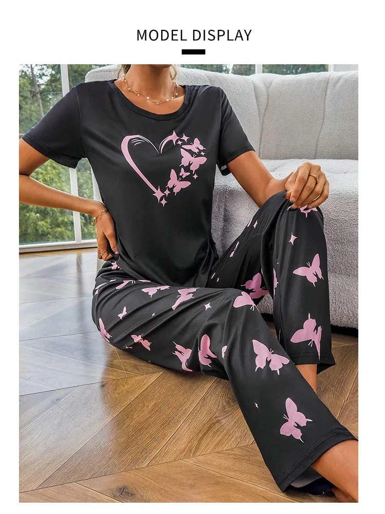 Comfortable And Fashionable Heart Butterfly Printed Set Women’s Nightwear - Image 7