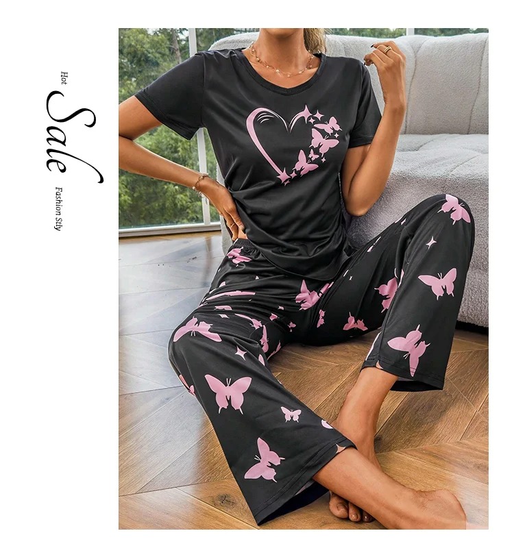 Comfortable And Fashionable Heart Butterfly Printed Set Women’s Nightwear - Image 4