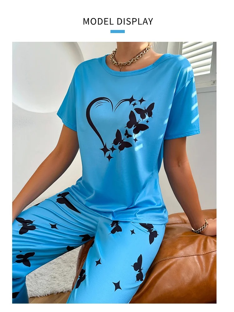 Comfortable And Fashionable Heart Butterfly Printed Set Women’s Nightwear - Image 2