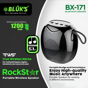 BLUK’S BX-171 Rockstar 1200mAh Rechargeable Battery, Powerful Bass and Waterproof Design Portable Bluetooth Speaker