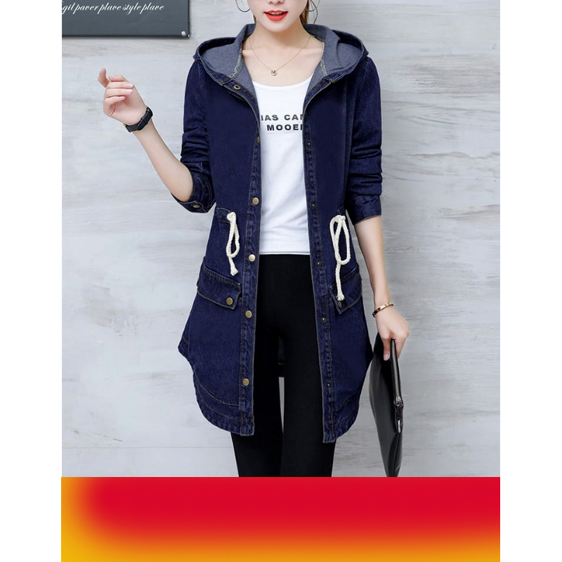 Trendy Winter Elegance Long Full Sleeves Denim Coat With Hood For Ladies - Image 8
