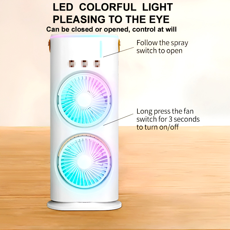 3-in-1 Multifunctional Rechargeable Spray Cooling Fan with Dual Head, 3 Wind Speeds, 90° Rotation and RGB LED Lights - Image 13