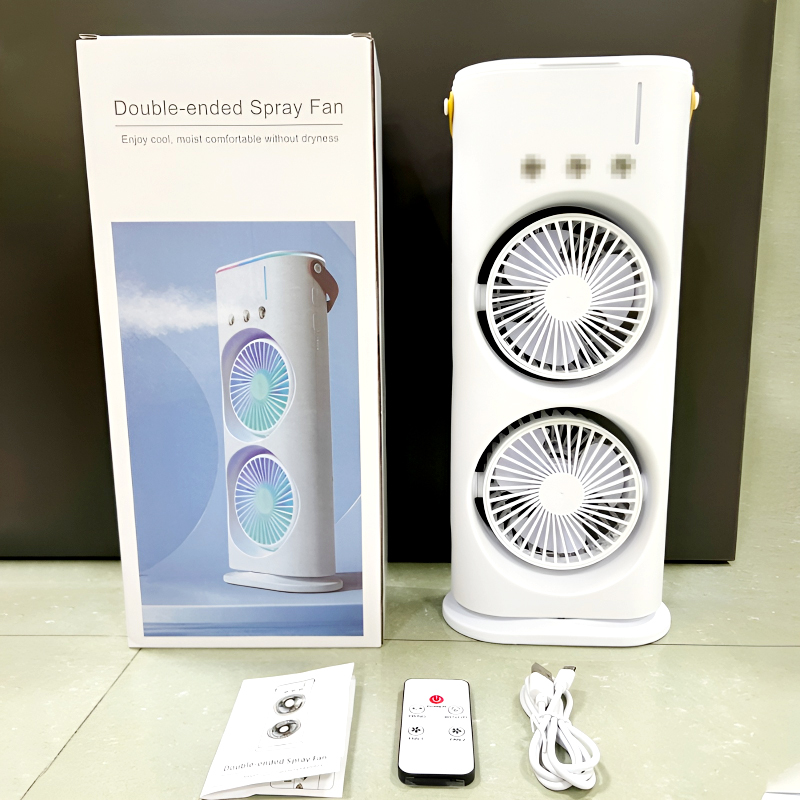 3-in-1 Multifunctional Rechargeable Spray Cooling Fan with Dual Head, 3 Wind Speeds, 90° Rotation and RGB LED Lights - Image 8