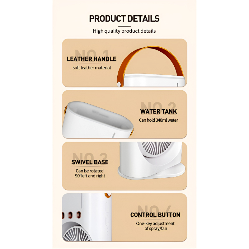 3-in-1 Multifunctional Rechargeable Spray Cooling Fan with Dual Head, 3 Wind Speeds, 90° Rotation and RGB LED Lights - Image 9