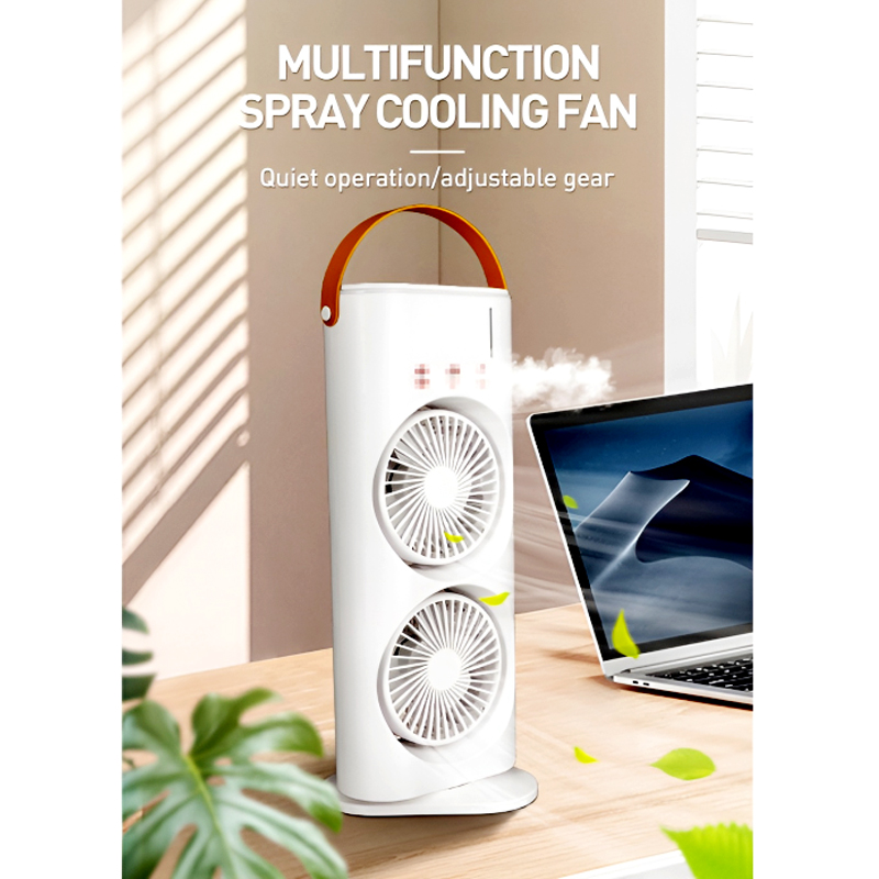 3-in-1 Multifunctional Rechargeable Spray Cooling Fan with Dual Head, 3 Wind Speeds, 90° Rotation and RGB LED Lights - Image 10