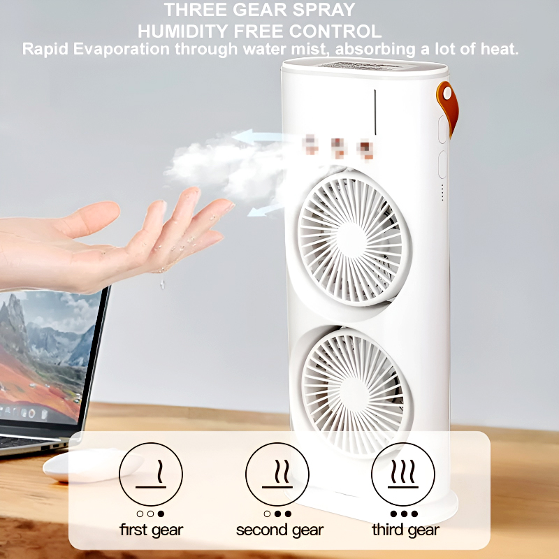 3-in-1 Multifunctional Rechargeable Spray Cooling Fan with Dual Head, 3 Wind Speeds, 90° Rotation and RGB LED Lights - Image 15