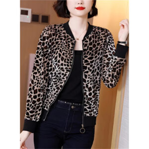 Stylish Leopard-Printed Velvet Zipper Bomber Jacket For Ladies