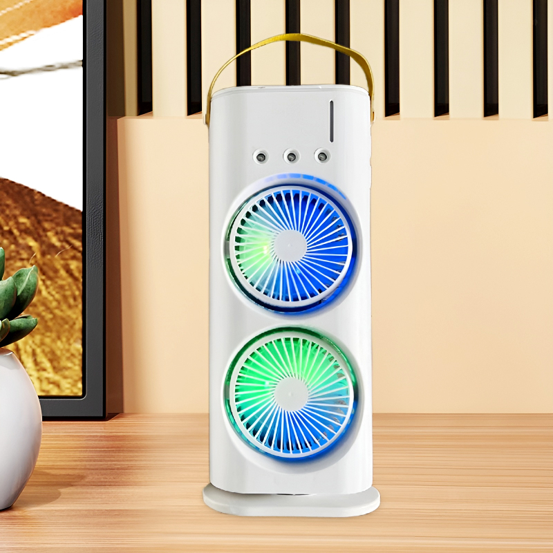 3-in-1 Multifunctional Rechargeable Spray Cooling Fan with Dual Head, 3 Wind Speeds, 90° Rotation and RGB LED Lights - Image 4