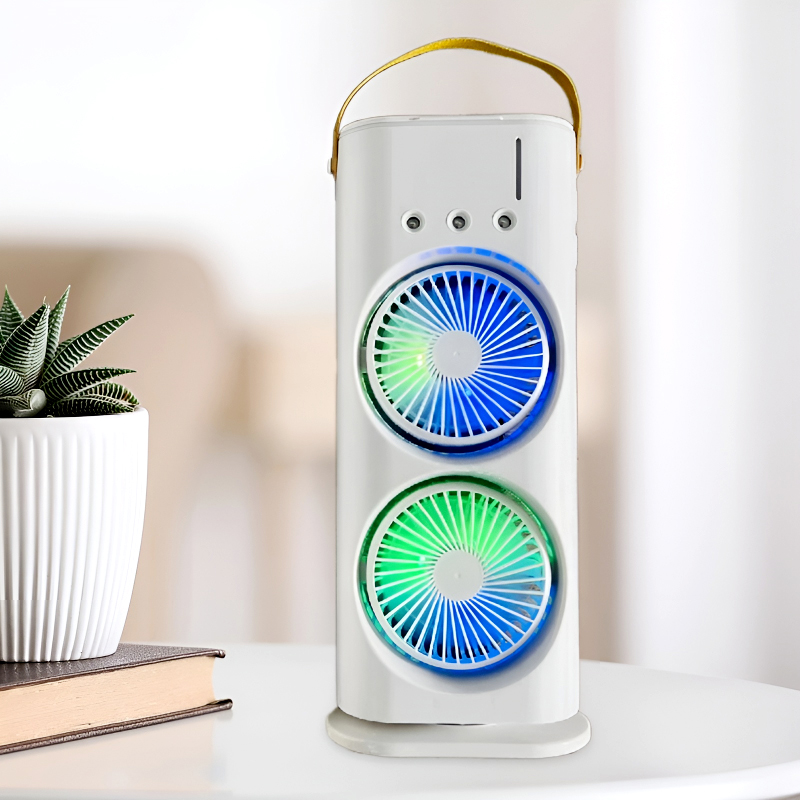 3-in-1 Multifunctional Rechargeable Spray Cooling Fan with Dual Head, 3 Wind Speeds, 90° Rotation and RGB LED Lights - Image 3