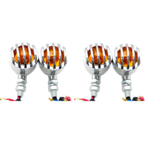 4 Pcs 12V Universal Motorcycle Grill Turn Signal Lights – Amber LED & Chrome Body Indicators