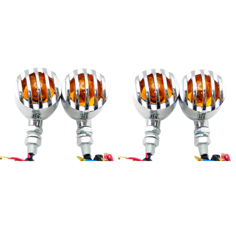 4 Pcs 12V Universal Motorcycle Grill Turn Signal Lights – Amber LED & Chrome Body Indicators